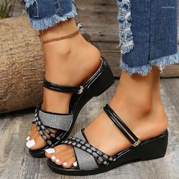 Dress Shoes Women Korean Rome Sequin Wedge Sandals Summer Fashion High Heel Slippers Outdoor Comfort Glossy Peep Toe Casual