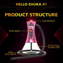 EHUKA original dual-use E hookah e cigarette X1 60w kit vape Arab shisha electronic hookah replaceable POD disposable vapes with LED light mode display vapor pen