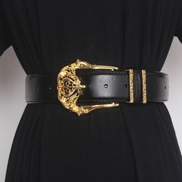 2024 Luxury Cowhide Belt with Metal Chain Solid Genuine Leather Waist Belt Jean Pant Strap Fashion Punk Cow Women