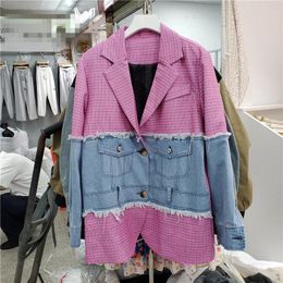 Women's Jackets Fashion Pink Blue Plaid Splicing Pocket Denim Blazer Women Mid Long Suit Collar Outewear Female Loose Casual Jeans Jacket