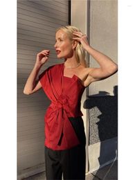 Women's T Shirts Casual Bandage Female Tops 2024 Party One-shoulder Shirt Bow Red Chic Top Women Fashion Skew-collar Irregular