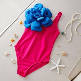 Women's Swimwear One Piece Swimsuit Women Blue 3D Flower Designer Tummy Control 2024 Summer Pink Contrast Bathing Suit Monokini