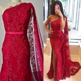 Vintage Red Lace Evening Dress For Women 2024 Mermaid One-Shoulder Shawl Sexy Split Thighs Prom Formal Gowns Robe De Soiree