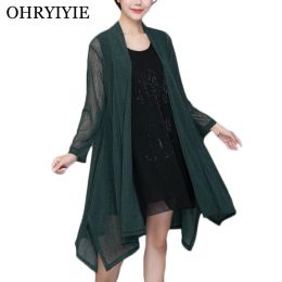 Cardigans OHRYIYIE Spring Summer Long Cardigan 3XL 4XL 5XL Green Loose Sweater Women Elegant Long Thin Knit Sweaters Female Summer Coat