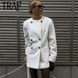 Blends TRAF 2023 White Coat Woman Double Breasted Winter Coat For Women Long Sleeve Chic And Elegant Woman Jacket Vintage Overcoat