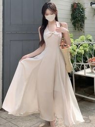 Casual Dresses Women's Halter Elegant Summer Dress 2024 Fashion Slim Female A-line Backless Midi French Evening Party Lady V Neck Robe