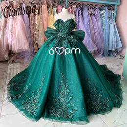 Green Off Shoulder Quinceanera Dress Prom Dress Floral Applique Princess Dress Lace Bow Sweet 15 Year Old Party Dress