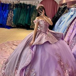 Lilac Shiny Off Shoulder Ball Gown Quinceanera Dresses 2024 Sweet 16 Princess Appliqued Lace Party Gowns Vestido De 15 Anos