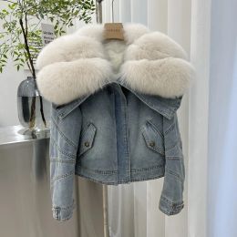 Fur 2023 New Autumn And Winter Women Jackets Denim Coat White Goose Down With Natural Real Fox Fur Collar