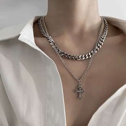Cold Hair Personality Double Layer Cross Pendant Necklace for Men Street Hip Hop Titanium Steel Cuban Chain Necklace for Women
