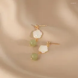 Dangle Earrings Minar Retro White Colour Natural Shell Flower For Women Gold Plated Copper Green Jade Stone Earring