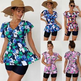 Women's Swimwear 2024 Plus Size Two Piece Set Dress With Split Print Flower Dot Tankini Shorts