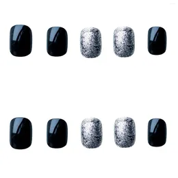 False Nails Glossy Black & Silver Moderate Thickness Comfortable To Wear For Fashion Girls Hand Decoration