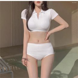 Women's Swimwear 2024 Simple And Fashionable Small Vneck Split Swimsuit For Women With Chests High Waist Slim Student Spring