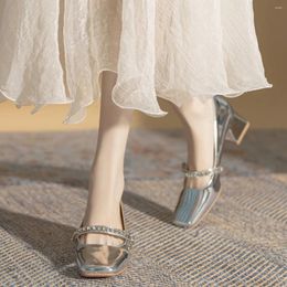 Dress Shoes Silver Mary Jane Women's Single Temperament High-grade Sense Of Spring With Square Women All Match