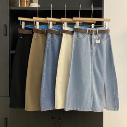 Skirts Denim Skirt For Women Side Split A-line Belt High Waist Streetwear Korean Style Solid Color Almighty Long Autumn Dropship