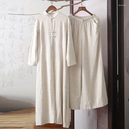 Ethnic Clothing 2024 Women Chinese Traditional Tang Suit Cotton Linen Robe Pants 2pcs Set Wide Leg Trouser Long Tai Chi Uniform