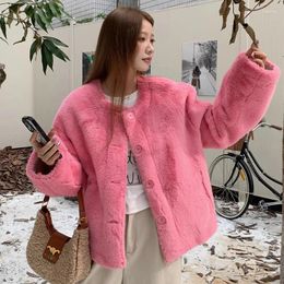 Women's Fur GkyocQ Korean Chic Fall And Winter Niche Design Elegant O Neck Single-breasted Plush Loose Versatile Short Long-sleeved Jacket