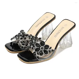 Slippers Luxurious Diamond Shoes Women's Summer Casaul Sandals 8CM Transparent Thick Heel Sexy Fashion Show Pumps