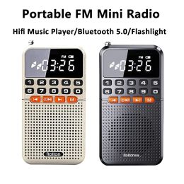 Speakers Bluetooth 5.0 Portable FM Mini Radio Dual Antenna Pocket Radio Receiver Speaker TF Card Music Player with LED Flashlight