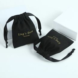 Jewelry 50pcs Black Jewelry Gift Packaging Pouches Thick Canvas Cotton Drawstring Bags with Ribbon Custom Logo Wedding Favor For Guests