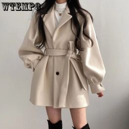 Blends Mid Length Topcoat Blazer Collar Woollen Coat Women Belted Winter Jacket Niche Vintage Loose Fashion Overcoat Solid Trench Coats