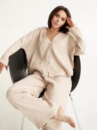 Linad Khaki Pure Cotton Sleepwear V Neck Single Breasted Wide Leg Pants Trouser Suits Drop Sleeves Set Woman 2 Pieces Loungewear 240219