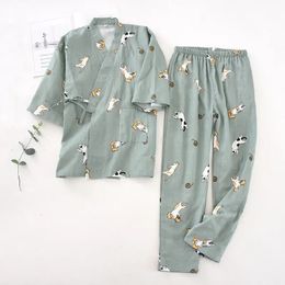 sevensleeve Japanesestyle kimono Pyjamas set female spring and autumn 100% cotton gauze home clothes cute sweet twop 240219
