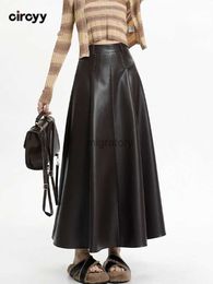 Skirts Skorts Leather Skirt Women Fashion High Waisted A-Line Pleated Loose Vintage 2023 Autumn Winter New Coffee Ruffles Long YQ240223