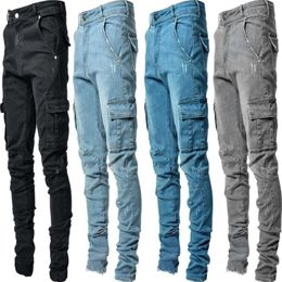 Men's Jeans Men Cargo Pencil Pants High Waist Denim Ankle Length Zipper Sheath Pockets Slim Slight Strech Streetwear Solid Colour