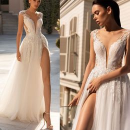 Simple A Line Women Wedding Dress Sheer Neck Sleeveless Bridal Gowns Sequins Appliques Split Side Sweep Train Dress Custom Made vestidos de novia