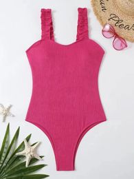 Women's Swimwear Ruffle Strape Solid One Piece Sexy Swimsuit Female Push Up Beachwear Bathers Bathing Swimming Suit Summer