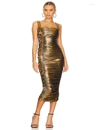 Casual Dresses Cocktail Party For Women Sexy Spaghetti Strap Side Metal Lace-Up Slim Draped Midi Gold Clubwear