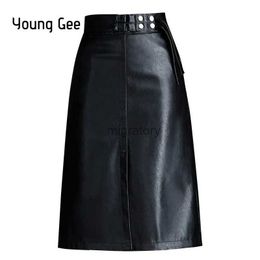 Skirts Skorts Young Gee Spring Autumn Women Skirt Fashion PU Leather Midi High Waist A-line Elegant Office Work Wear Saias Plus Size YQ240223