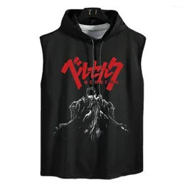 Men's Tank Tops Berserk Hooded T-shirt Japanese Anime Top Summer Casual Sportswear Sleeveless Vest Workout Fitness T Shirt Streetwear