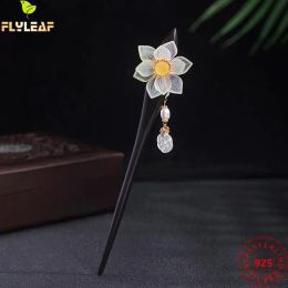 Jewelry Real 925 Sterling Silver Jewelry Ebony Natural Jade Lotus Hair Sticks For Women Original Design Handmade Hanfu Hair Accessories