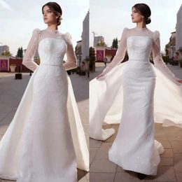 Classic Wedding Dresses Long Sleeve Mermaid Bridal Gowns with Overskirts Sequins Beading High Neck Bride Dresses Custom Made