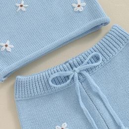 Clothing Sets Infant Baby Girls Knitted Shorts Set 2Pcs Embroidered Flower Outfits Summer Camisoles Tops Drawstring Suit