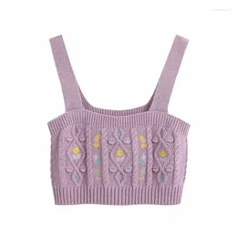 Women's Tanks 2024 Women Floral Embroidery Knitted Camisole Ladies Spaghetti Strap Short Camis Tank Tops Summer Wear Sling Crop