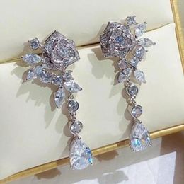 Stud Earrings Solid 10K White Gold Women Rose Flower Water Drop Moissanite Diamonds Wedding Party Engagement Anniversary Gift