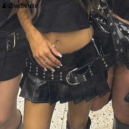 Skirts Skorts SUCHCUTE Rivet Belt Gothic Punk Leather Mini Skirt Women Low Rise Zipper Streetwear Emo Summer Slit Pleated Dark Academia YQ240223