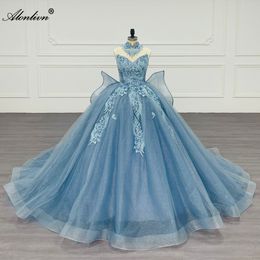 Alonlivn deslumbrante tule fora do ombro vestido de baile vestido de casamento elegância frisado bordado renda querida princesa vestidos de noiva com arco