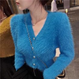 Women's Knits Mink Wool Sweater Jacket Autumn Winter Sweaters 2024 Solid Color Versatile Cropped Top Cardigan V-neck Slimming Knit