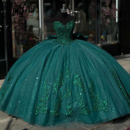 Sparkly Green Lace Plus Size Quinceanera Dresses Floral Applique Sweep Train Birthday Gowns Vestidos De 15Prom Party Wears