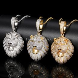 Hip Hop Micro Set Zircon Solid Lion Head Pendant Real Gold Electroplated Hiphop Men&#039;s Necklace Accessories