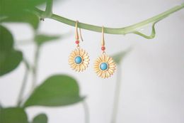 Stud Earrings Chinese Style Ancient French Gold Court Retro Inlaid Turquoise Han Clothing Cheongsam Costume Round Daisy