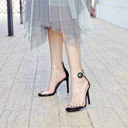 Dress Shoes Slim Heels Sexy Transparent One-line Sandals Women's Summer 2024 Red Fashion Medium Heel Open-toe High