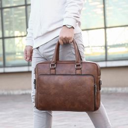 Bags Men Briefcase Leather Tote Handbag 14 Inch Laptop Computer Shoulder Cross Office Business Messenger Document Side Bag Male Case