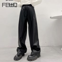 Pants FEWQ Men Pants PU Leather Solid Color 2023 Elastic Waist Wide Leg Male Trousers New Korean Fashion Lace Up Streetwear 24X1852
