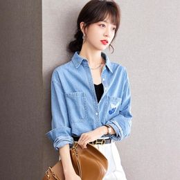 Women's Blouses Embroidery Blue Denim Shirt Cardigan Women Top Spring Autumn Long Sleeve Lapel Button Loose Casual Blouse Coat Office Lady